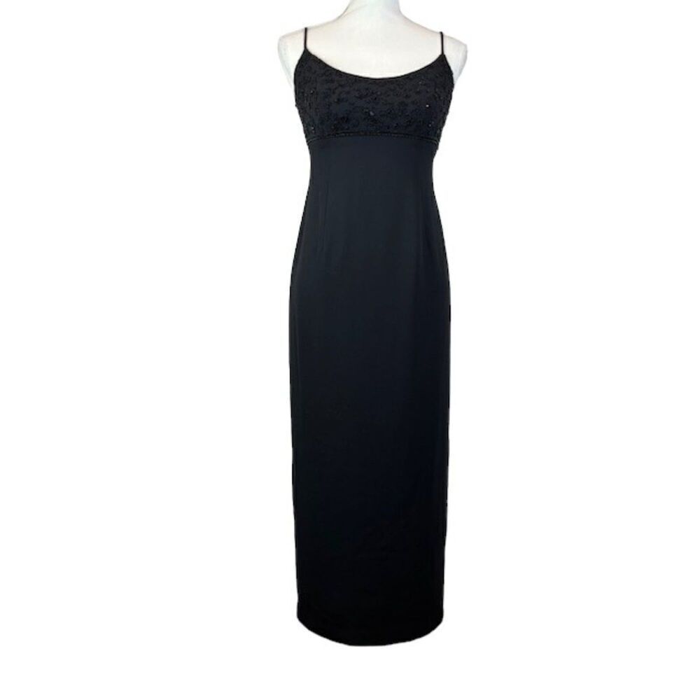 Laundry by Shelli Segal Beaded Front Evening Dress Black Spaghetti Strap Size 8P